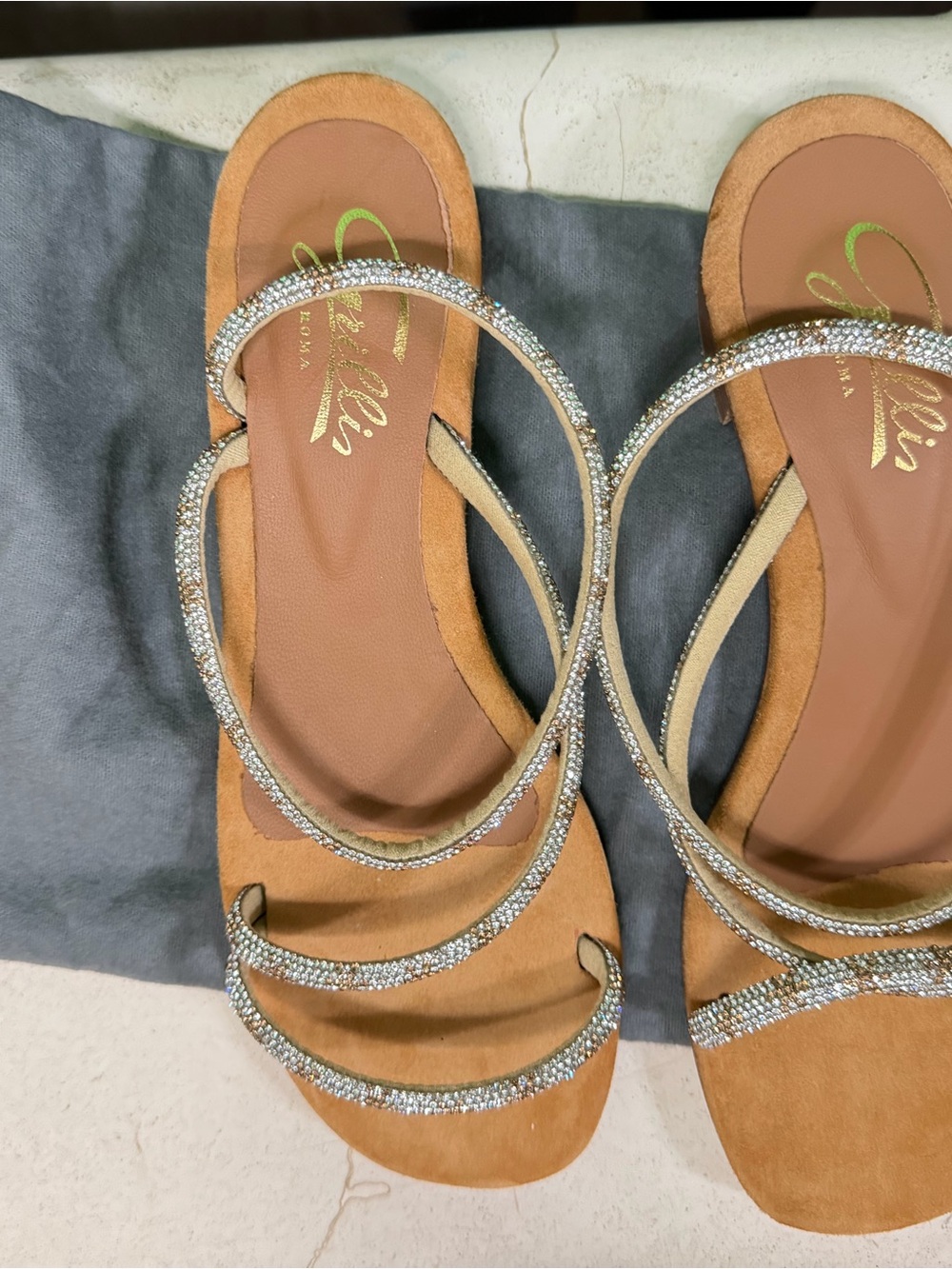 Gilli Tan Suede Slide Sandals with Sparkling Silver Straps